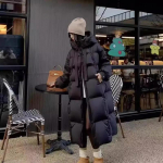 Žieminiai ilgi paltai moterims, paltas su gobtuvu, madingas, storas, &scaron;iltas moteri&scaron;kas parkas, korėjieti&scaron;ko stiliaus žieminis &scaron;varkas XL juoda