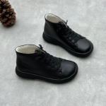 Johnature Rankų darbo natūralios odos trumpi batai apvaliais nosimis plok&scaron;čia apačia elastine juostele moteri&scaron;ki užsegami batai 37-Plush juoda