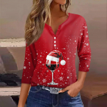 Moteri&scaron;ki mar&scaron;kinėliai su kalėdiniu ra&scaron;tu, sagomis, 3/4 rankovėmis, kasdieniai, savaitgalio, madingi, palaidinės su V formos i&scaron;kirpte, įprasti. XXXL