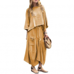 2 vnt./kompl. Moteri&scaron;kas vir&scaron;us ir sijonas Kostiumas Apvali i&scaron;kirptė Trys ketvirčiai rankovės Asimetri&scaron;kas kra&scaron;tas Vintažinis vir&scaron;us Rai&scaron;telis Elastingas juosmuo Laisvas Nereguliarus Maksi sijonas Pavasaris Kasdienis XXXL geltona