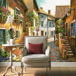 Tapetai Pastoral Town Vintage House Road Gėlių freska Tapetai gyvenamajam kambariui TV Sofa Fono sienų tapyba 200 cm(W) x 140 cm(H)