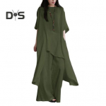 2 vnt./kompl. Medvilnės lino vir&scaron;ūnių ir kelnių rinkinys O formos i&scaron;kirpte, pusės ilgio rankovėmis, netaisyklingo kra&scaron;to vir&scaron;ūnėmis, auk&scaron;tu liemeniu, ilgu kelnių rinkiniu, vienspalvis, kasdienis drabužių komplektas M armijos žalia spalva