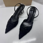 Moterų dizainerių tinkliniai atviri kulno basutės, madingi spausdinti smailūs galai, moteri&scaron;ki auk&scaron;takulniai siurbliai, seksualūs stiletto moteri&scaron;ki mulai 42 juoda