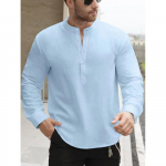 Premium White Cotton Linen Henley Shirts for Men Lightweight Long Sleeve Casual Streetwear Everyday Wear US XL 80-90 KG mėlyna