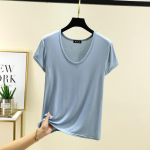 Summer Solid U-Neck Basic Tshirt for Womens Short Sleeve Loose Fit Modal Tee Tops M &scaron;viesiai mėlyna spalva
