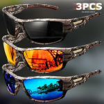 3 vnt. Poliarizuoti sportiniai akiniai nuo saulės su kamufliažinio ra&scaron;to rėmeliu - Apsauga nuo vėjo, smėlio ir veikloms, komplekte valymo &scaron;luostė 3PC camouflage Black+Rrd+Blue