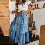 Auk&scaron;to juosmens raukiniuotu kra&scaron;tu A silueto džinsinis sijonas moterims 2025 pavasaris vasara retro platėjantis džinsinis ilgas sijonas moteriai klubui gatvės drabužiai XL džinsinio mėlyna spalva
