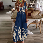 Moteri&scaron;kos boho maxi suknelės vasarinės vienos linijos rankovėmis gėlėtos, laisvalaikio stiliaus ilgos suknelės L mėlyna