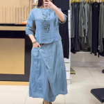 Moteri&scaron;kas dviejų dalių komplektas Moteri&scaron;kas vasarinis lininis drabužių komplektas Trumpomis rankovėmis vir&scaron;us Midi sijonas Elegantus 2 dalių laisvalaikio komplektas moterims M &scaron;viesiai mėlyna spalva