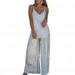 Moterų blizgučių dviejų dalių apranga su kau&scaron;eliu, berankovė kamisolė, plataus kirpimo kelnių komplektas, vakarinis vakarėlio puo&scaron;nus kostiumas M sidabras