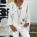 Moteri&scaron;ka mada ilgomis rankovėmis medvilnės lino smulkiais ra&scaron;tais kasdieninė V formos i&scaron;kirptės palaidinė vir&scaron;us L balta