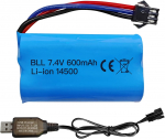 1x Li-ion baterija 7.4V 600mAh 2S su SM-3P jungtimi + USB kabelis &ndash; Suderinama su RC automobiliu DE82, TK3086B, TK-3082B, G20601, Kaskadininkų apsivertimo automobiliu mėlyna
