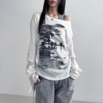 VAYLA Rudens Harajuku Moterų Spaudos Mar&scaron;kinėliai Vintažinė Gatvės Mada Grunge Asimetri&scaron;ka Apykaklė Vir&scaron;ūnės Y2k Estetika Laisvi Kasdieniai Hiphop Vintažiniai Vir&scaron;ūnės S balta