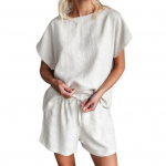 Moteri&scaron;kas dviejų dalių komplektas medvilninis lininis vasarinis derantis laisvalaikio kostiumas apvalia kaklo i&scaron;kirpte su rai&scaron;teliu juosmeniui, skirtas namams M
