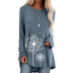 Moteri&scaron;kas didelio dydžio tunikos vir&scaron;us, kiaulpienės ra&scaron;tas, pailginti mar&scaron;kiniai, apvalia i&scaron;kirpte, ilgomis rankovėmis, užvelkamas trikotažas, kasdienė laisvo kirpimo palaidinė darbui ir kasdieniam gyvenimui XXXL mėlyna