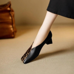 Karvės odos Skaidrios prekės Tikra oda Retro Kvadratinė galva Leopardų ra&scaron;tas Vienspalviai bateliai Moteri&scaron;ki Pavasario ir Rudens Nauji Storas kulnas Maži odiniai bateliai 35 auksas