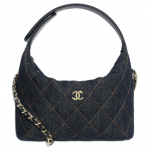 Chanel 26p Auksinis Etiketas Dvigubas C Logotipas Dygsniuotas Džinsinis ir Auksinio Metalo Vienos Peties Rankinė Moterims Tamsiai Mėlyna ir Oranžinė Box(Basic Set+Box) mėlyna/oranžinė