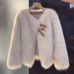 Žiemos mados pūkuotas kailinis moteri&scaron;kas High Street Eleganti&scaron;kas storas &scaron;iltas dirbtinio lapės kailio striukė Moteri&scaron;ki paltai Vir&scaron;utiniai drabužiai L abrikosas
