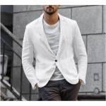 Vyri&scaron;kas pavasario ir rudens ilgomis rankovėmis laisvo kirpimo medvilninis ir lininis kostiuminis &scaron;varkas, vienaeilis vieno sagos, slim fit, kasdienis vir&scaron;us S balta