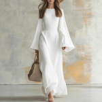 Vienos spalvos moteri&scaron;ka ilga suknelė su varpelio formos rankovėmis, suri&scaron;ama juosmeniu, laisva, eleganti&scaron;ka, minimalistinė, rudens ilga suknelė XL white