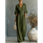 2026 m. Pavasario/Vasaros Naujas Eleganti&scaron;kas Vienspalvis Jumpsuit Moterims su V formos i&scaron;kirpte ir juosmenį sutraukiančiu dirželiu 5XL black