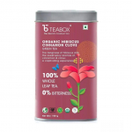 Žalioji arbata su hibiscus, gvazdikėliais ir cinamonu (100 g), Ekologi&scaron;ka Hibiscus Cinamon Gvazdikėlių Žalioji arbata, Arbatos dėžutė
