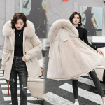 Moteri&scaron;ka Parka Fashion Ilgo palto vilnos pamu&scaron;alas su gobtuvu Parkas žieminė striukė plona su kailiniu apykakle &Scaron;ilti sniego dėvėjimo pamink&scaron;tinti drabužiai XL smėlis