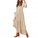 Moteri&scaron;ka laisvalaikio suknelė V formos i&scaron;kirpte, laisva A formos klostuota suknelė ilgomis rankovėmis Retro medvilninė lininė suknelė darbui gatvėje S abrikosas