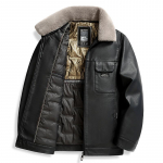 Odinė pūkinė striukė Vyri&scaron;ka nuimama kailio apykakle Odinė striukė Tėčio žieminė pastorinta &scaron;ilta odinė striukė M