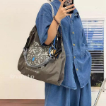 Japoni&scaron;ko stiliaus siuvinėtas didelės talpos madingas nailoninis ekologi&scaron;kas pirkinių krep&scaron;ys - universalus kasdienis rankinis/peties/crossbody tote krep&scaron;ys BAG+ shoulder strap