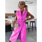 IHUASU Berankovė POLO apykaklės ilga nėriniuota suvarstoma liemeniu vienaeilė džinsinė suknelė XL rožinė raudona spalva