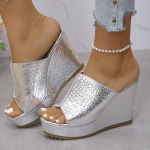 pattern Dress Slides Fashion Round Open Toe High heel Shiny Prom Sandals for Party Wedding Casual Walking 37