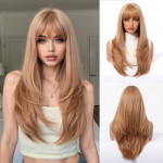 Juodi su rožiniais akcentais sintetiniai perukai su kirpčiukais Ilgi tiesūs juodi su raudonais akcentais perukai moterims Cosplay vakarėliui Kalėdinis perukas 26 coliai 1pc beige