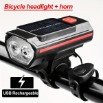 USB įkraunamas saulės LED dviračio priekinis žibintas ir 3 ap&scaron;vietimo režimų garso signalas, pritvirtintas prie vairo