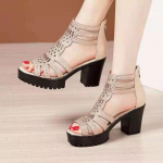 Auk&scaron;takulniai Gladiator Sandalai Moteri&scaron;ki atvira galva Seksualūs Kniedės Block Kulno Batai Vasariniai Moteri&scaron;ki sandalai su užtrauktuku