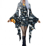 Moteri&scaron;ka madinga gotikinė panki&scaron;ka suknelė su &scaron;ik&scaron;nosparnio rankovėmis, 3D miela Helovino spaudiniais netaisyklinga vakarėlio suknelė M mėlyna