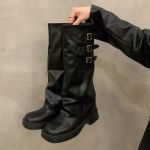 Žieminiai kauboji&scaron;ki batai moterims, mada, diržo sagtis, ilgi batai, moteri&scaron;ki eleganti&scaron;ki kvadratinio kulno moteri&scaron;ki riterio bateliai 37 juoda