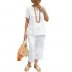 Medvilninis lininis dviejų dalių laisvalaikio komplektas moterims, laisvas V formos i&scaron;kirpte, trumpomis rankovėmis, plačios kelnės ir vasarinis laisvalaikio apranga L