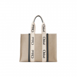 Chloe Woody Logotipo Spaudos Satino Juostelės Drobės Ir Odos Pirkinių Krep&scaron;ys Moteri&scaron;ki Pirkinių Krep&scaron;iai CHC22-AS382I26-91J Basic Set (Bag+Dust Bag)