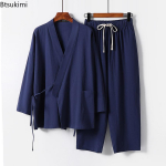 Vyri&scaron;ki vasariniai medvilnės ir lino dviejų dalių kinų stiliaus rai&scaron;teliais suri&scaron;ami kimono vir&scaron;utiniai drabužiai + kelnės Laisvalaikio kostiumas Vyri&scaron;kas vintažinis Hanfu Tang kostiumas M-9XL 9XL mėlyna
