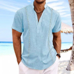 Vyri&scaron;ki mar&scaron;kiniai trumpomis rankovėmis su Henley apykakle, vienspalviai, kubieti&scaron;ko stiliaus Guayabera, medvilnės ir lino, trumpomis rankovėmis XXXL