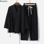 Vyri&scaron;ki vasariniai medvilnės ir lino dviejų dalių kinų stiliaus rai&scaron;teliais suri&scaron;ami kimono vir&scaron;utiniai drabužiai + kelnės Laisvalaikio kostiumas Vyri&scaron;kas vintažinis Hanfu Tang kostiumas M-9XL L juoda