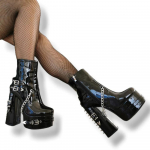 Juodi Kniedyti &Scaron;oniniai Užtraukiami Batai Moteri&scaron;ki Gotikiniai Didelio Dydžio 36-47 Platforminiai Odiniai Sagtys Stambus Kulnas Moteri&scaron;ki Ankle Boots Zapatos Mujer 36 juoda