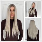 Blondinis vienaragis ilgas sintetinis tiesus ombre platininis nėrinių perukas moterims Cosplay didelio tankio plaukams atsparus kar&scaron;čiui