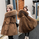 Moteri&scaron;ka Parka Fashion Ilgo palto vilnos pamu&scaron;alas su gobtuvu Parkas žieminė striukė plona su kailiniu apykakle &Scaron;ilti sniego dėvėjimo pamink&scaron;tinti drabužiai L kava