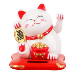 Saulės energija varomas Maneki Neko laimingas katinas sveikina kinų laimės katę, mojuojančią ranka, &scaron;aukiančią laimės katės figūrėles namų dekoravimui balta