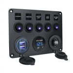 Vandeniui atspari jūrinė laivų svirtinių jungiklių panelė 5 jungiklių su dvigubu USB lizdu 2.1A + voltmetru automobiliams / transporto priemonėms mėlyna