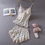 Moteri&scaron;kas ledinis &scaron;ilkas su krūtinės įklotu 2 vnt. Pižamos, nėrinių komplektas Seksualūs V formos kaklo seksualūs naktiniai drabužiai