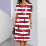 Naujos moteri&scaron;kos suknelės su inkaro ra&scaron;tu, atostogų midi suknelės, moteri&scaron;kos eleganti&scaron;kos suknelės, vasarinė suknelė trumpomis rankovėmis, madinga didelio dydžio 2XL