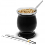 Natūralus Yerba Mate moliūgas/Arbatinis puodelis su dangteliu (Originali tradicinė matės puodelis - 230ML) | Yra 2 bombilės (Yerba Mate &scaron;iaudeliai) juoda